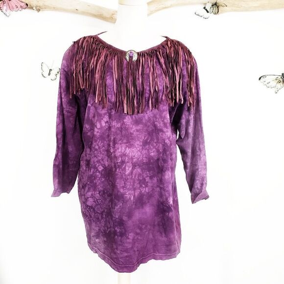 Vintage 80's Cover Charge western tie dye fringe 100% cotton T - Picture 1 of 7